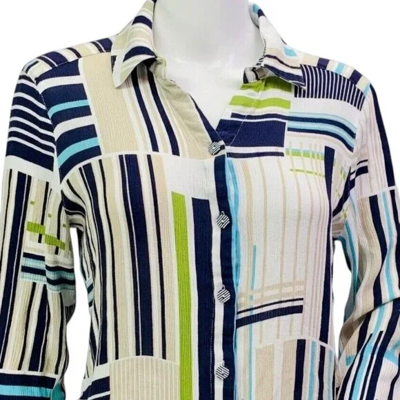 Chicos Womens Top Gauze Blue Green Mixed Stripe Roll Tab Sleeve Size 0 | S - Picture 4 of 12